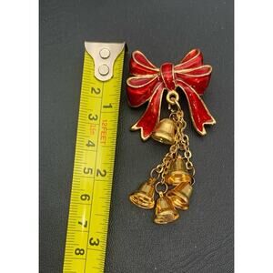 Vintage MIO Red Enamel Bow & Jingle Bells Dangle Christmas Holiday Brooch Pin